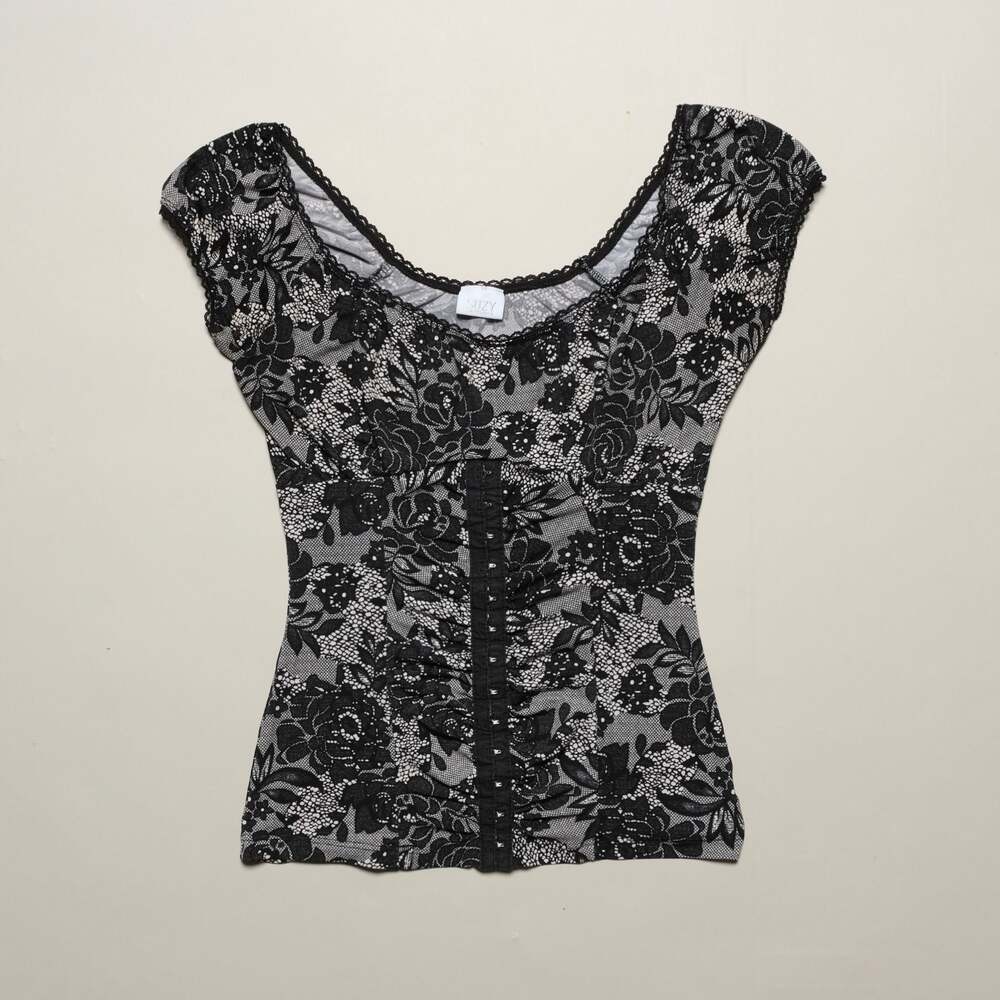 Y2K Black and White Floral Lace Print Corset-Style Cap Sleeve Top